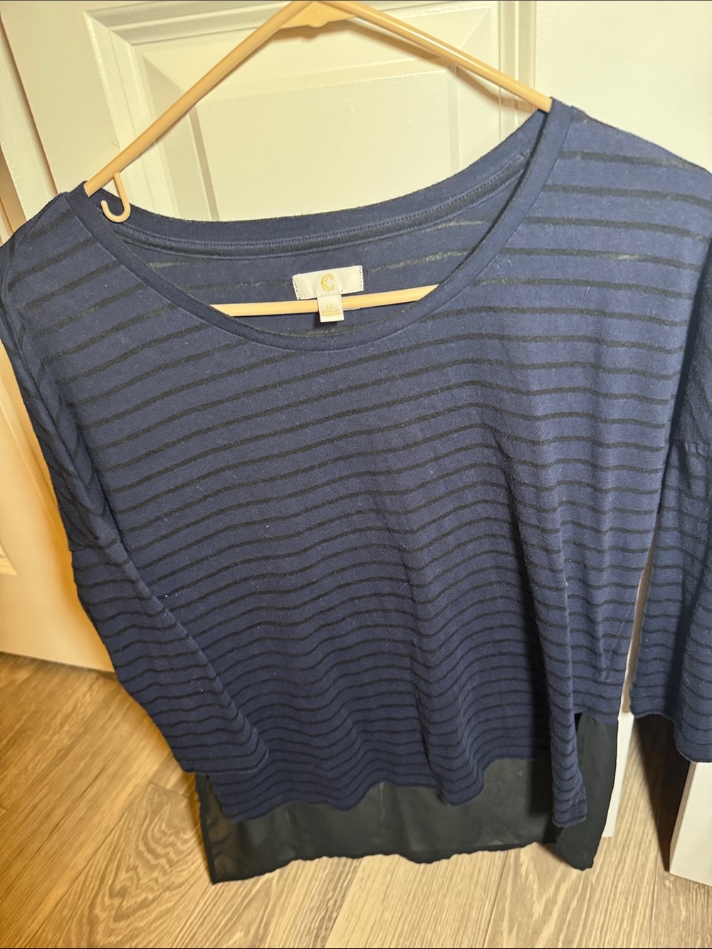Charming Charlie Navy Striped Long Sleeve Top with Satin Hem